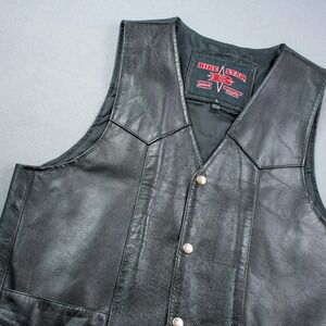 Bike Star Mens Black Genuine Leather Motorcycle Vest L Snap Front Pockets